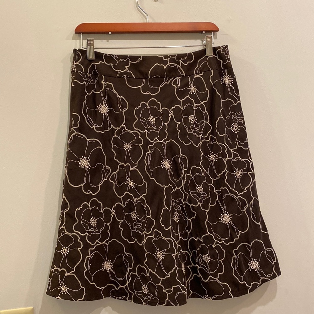 Ann Taylor Brown 100% Silk Floral Skirt